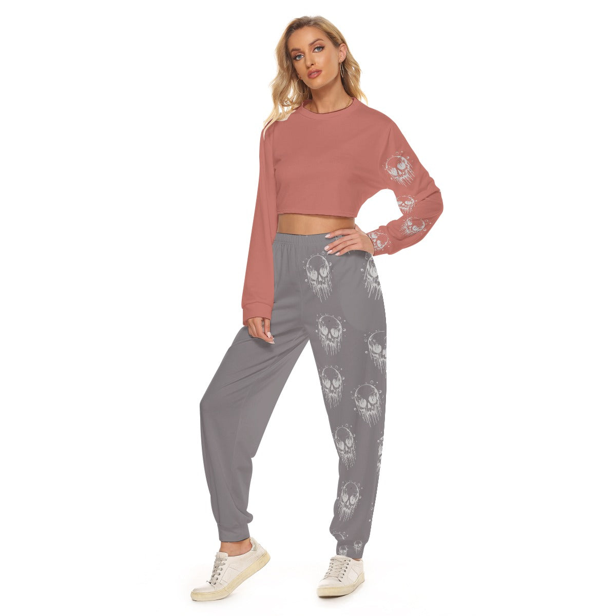 Skull-Print Crop Sweatshirt & Jogger Set