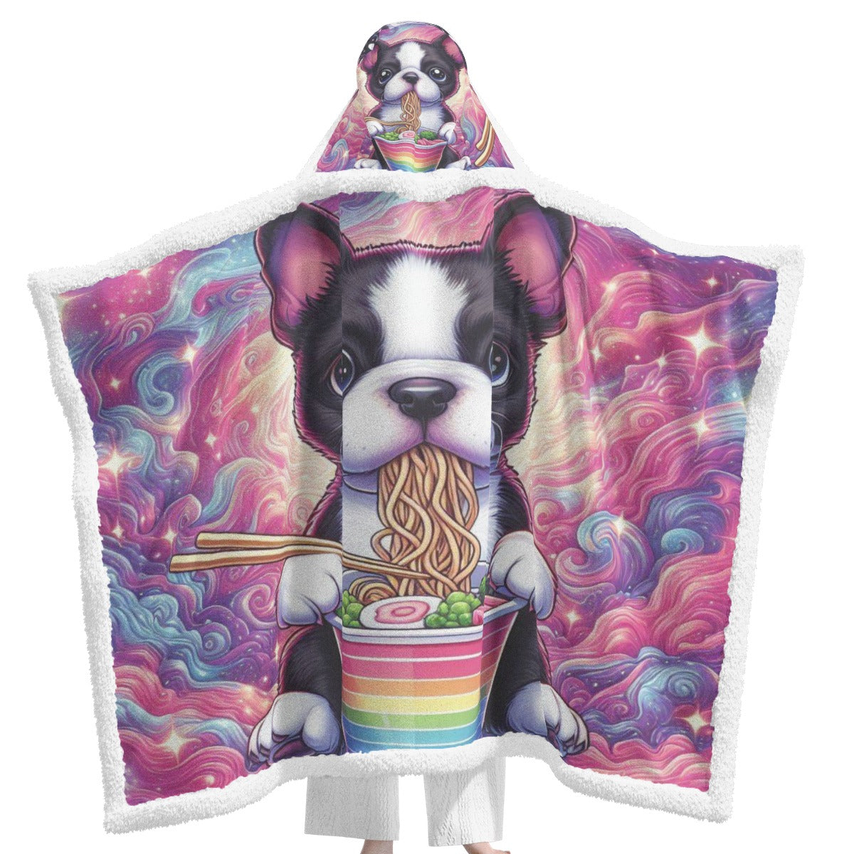 Dog eating rame Unisex Wearable Hooded Blanket