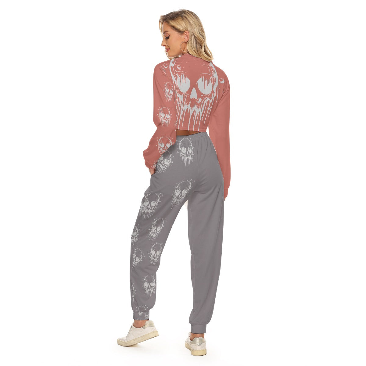 Skull-Print Crop Sweatshirt & Jogger Set