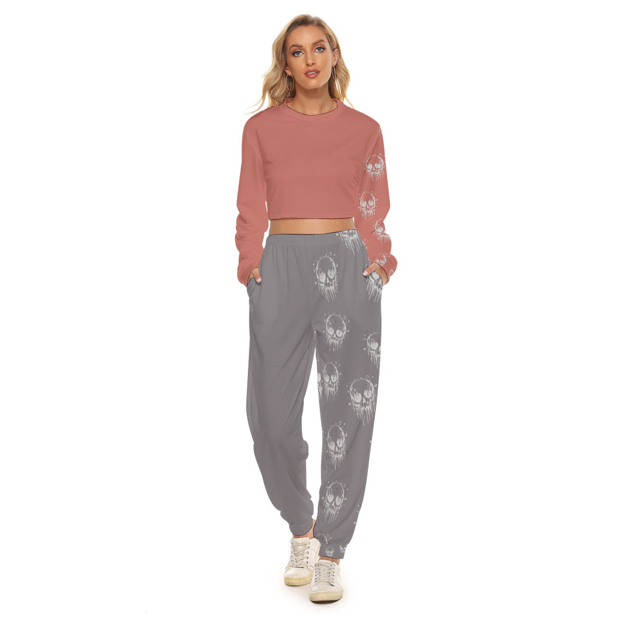 Skull-Print Crop Sweatshirt & Jogger Set