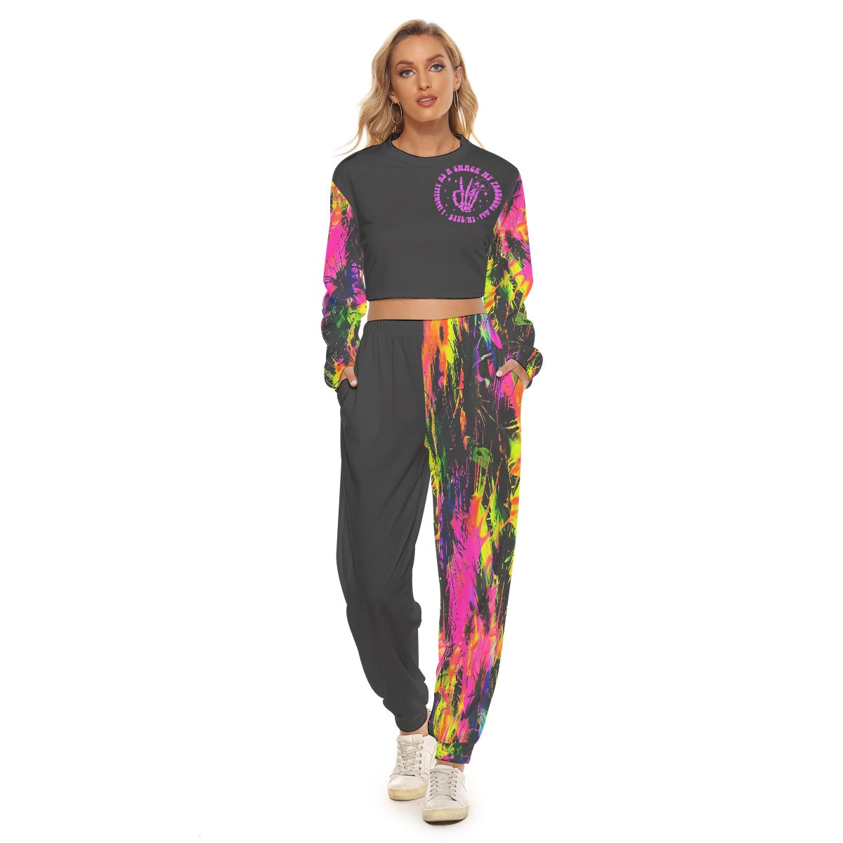 Neon Splash Crop Sweatshirt & Jogger Set